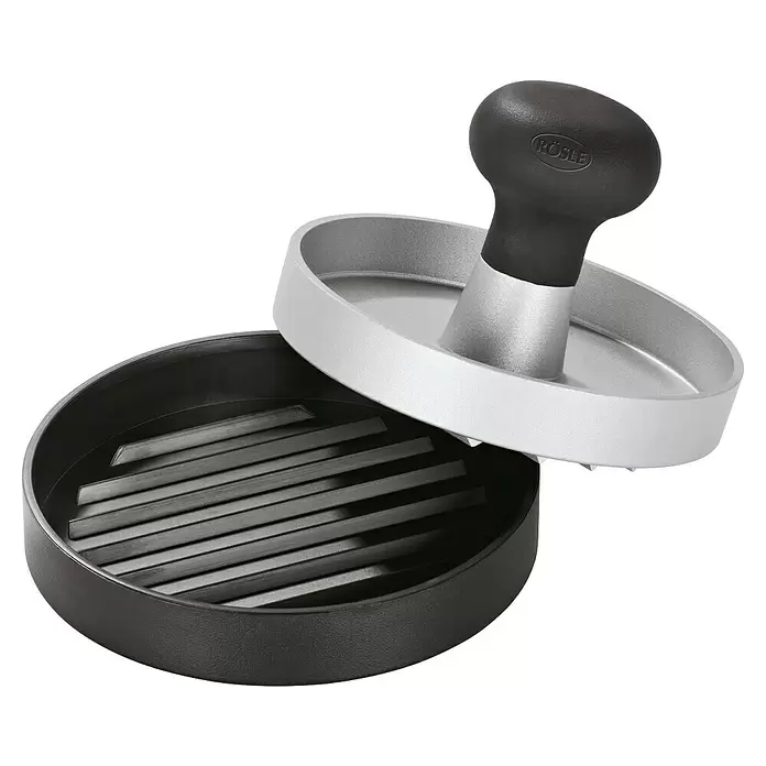 Rösle Hamburgerpresse - Aluminium, Durchmesser: 11,5 cm - Rösle Burgerpresse mit schwarzem Unterteil und silbernem Presser, schwarzer Griff.