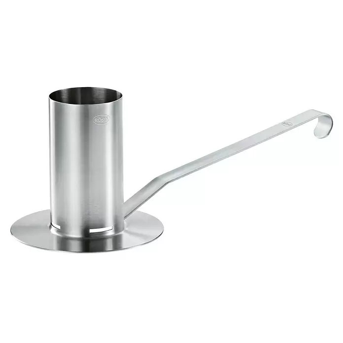 Rösle Hähnchen-Bräter - Edelstahl - Edelstahl-Geflügelbräter von Rösle mit hohem Zylinderständer, rundem Sockel und integriertem langem Griff.