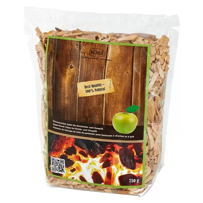 Rösle Räucherchips Apfel - 750 g, Apfelholz - Verpackung mit Apfel-Räucherchips für Holzkohle- und Gasgrill. Holzspäne in transparenter Tüte, 750 g.