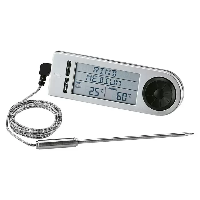 Rösle Grill-Thermometer - Messbereich: -20 °C bis +250 °C - Silbernes digitales Fleischthermometer mit Metallsonde und geflochtenem Kabel, zeigt Temperaturen an.