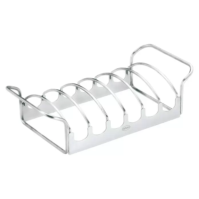 Rösle Spare-Rib-Halter - L x B x H: 28,5 x 14 x 8 cm, Edelstahl - Silbernes Edelstahl-Bratgestell mit sechs gewölbten Schlitzen und RÖSLE-Logo. Ideal zum Braten von Rippchen oder mehreren Lebensmitteln.