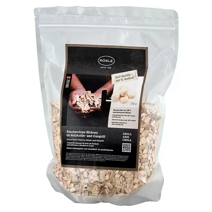 Rösle Räucherchips Hickory - 750 g, Hickoryholz - Klarsichtbeutel mit RÖSLE Hickory Räucherchips zum Grillen und Räuchern.