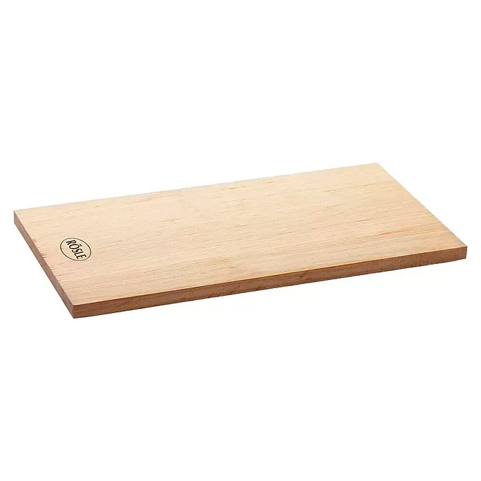 Rösle Räucherbrett - L x B: 40 x 19,5 cm, Erlenholz, 2 Stk. - Hellbraunes Holzschneidebrett mit RÖSLE-Logo.