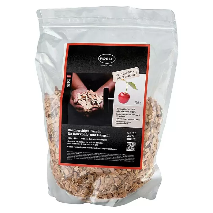 Rösle Räucherchips Kirsche - 750 g, Kirschholz - RÖSLE 750g Packung natürliche Kirsch-Räucherchips für Kohle- und Gasgrill. Für ein rauchiges Aroma.