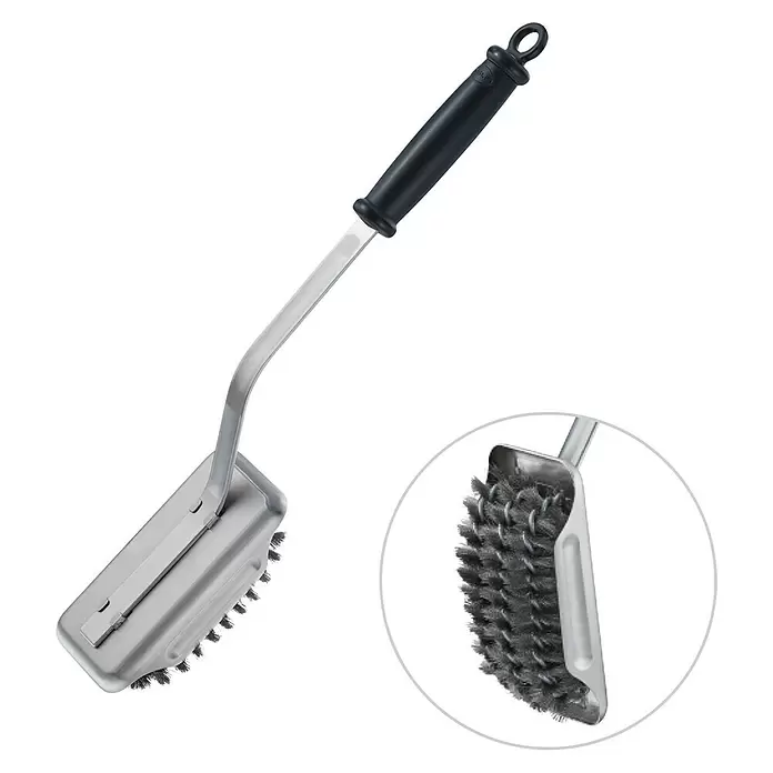 Rösle Grillbürste SlideX - Länge: 47 cm, Edelstahl - Edelstahl-Grillbürste mit schwarzem Griff und Metallborsten zur Grillrost-Reinigung, mit Detailansicht.