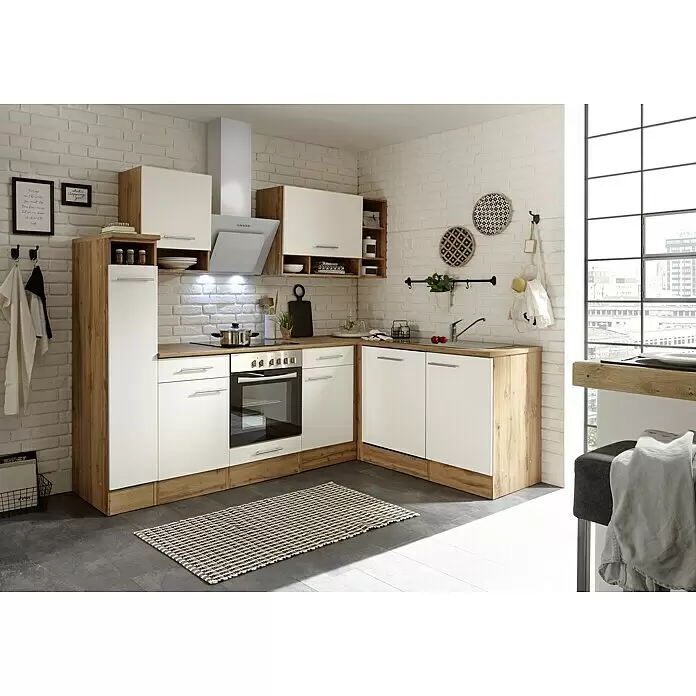 Respekta Cocina esquinera Hilde - Ancho: 250 cm, Blanco, Mate, Efecto madera, Con electrodomésticos - Cocina esquinera moderna con frentes blancos y detalles de madera, con horno, vitrocerámica y fregadero.