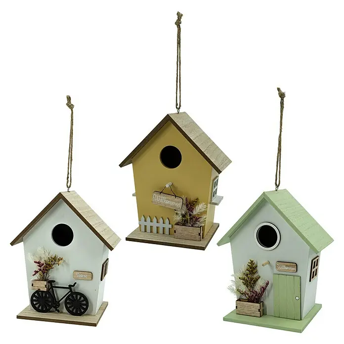 Deko-Anhänger Voglhaus - B x H: 12 x 18,5 mm, Mehrfarbig, Holz - Dekorative hängende Vogelhäuser aus Holz, verziert mit Blumen und kleinen Details, ideal für Garten oder Balkon.