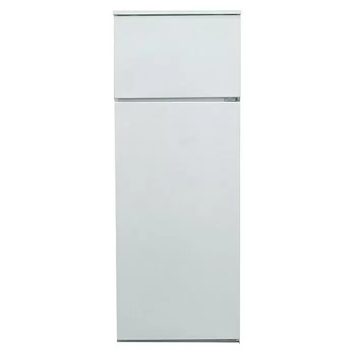 Respekta Premium Cocina esquinera Amanda - An x Pr: 290 x 200 cm, Roble/Negro, Con electrodomésticos - Refrigerador blanco con congelador superior.