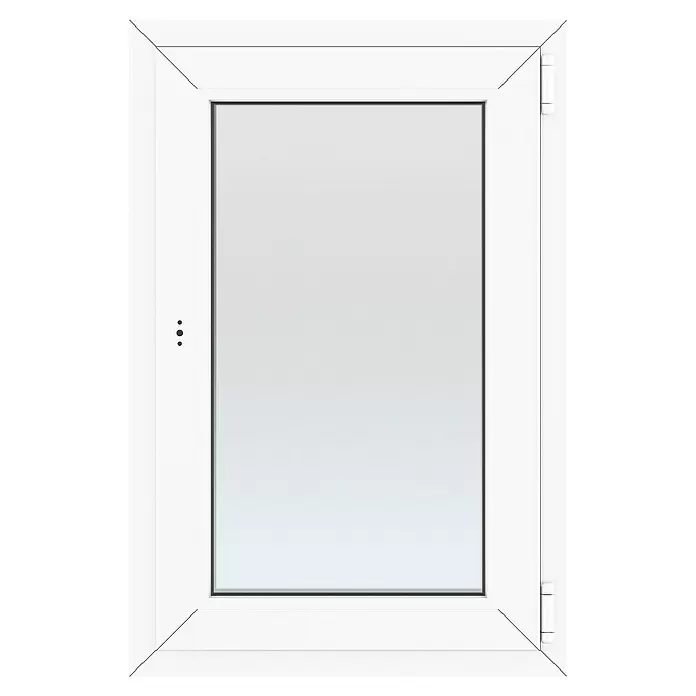 Solid Elements Kunststofffenster New Basic - 60 x 80 cm, Verglasung: 3-fach, DIN Anschlag: Rechts, Weiß - Weißes, rechteckiges Fenster mit heller Scheibe, mit Scharnieren und einem Verschluss.