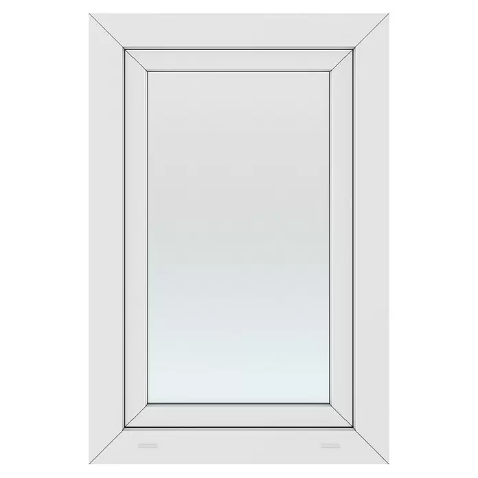 Solid Elements Kunststofffenster New Basic - 60 x 80 cm, Verglasung: 3-fach, DIN Anschlag: Links, Weiß - Weißer rechteckiger Rahmen mit einer hellgrauen, durchscheinenden Innenfläche.
