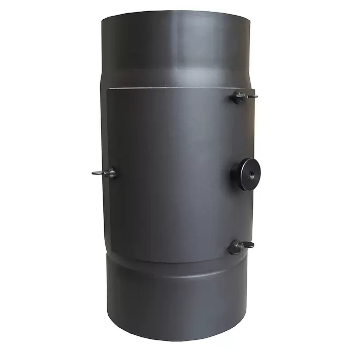 Firefix Kaminfilterkat - Durchmesser: 150 mm, Grau - Dunkelgraues Metall-Rauchrohrstück mit Inspektionsklappe, gesichert durch Knöpfe und einen Griff.