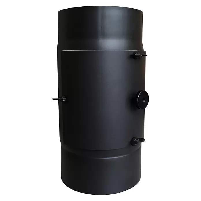 Firefix Kaminfilterkat - Durchmesser: 150 mm, Schwarz - Schwarzes zylindrisches Metallrohrteil mit einer rechteckigen Klappe und Einstellknöpfen.