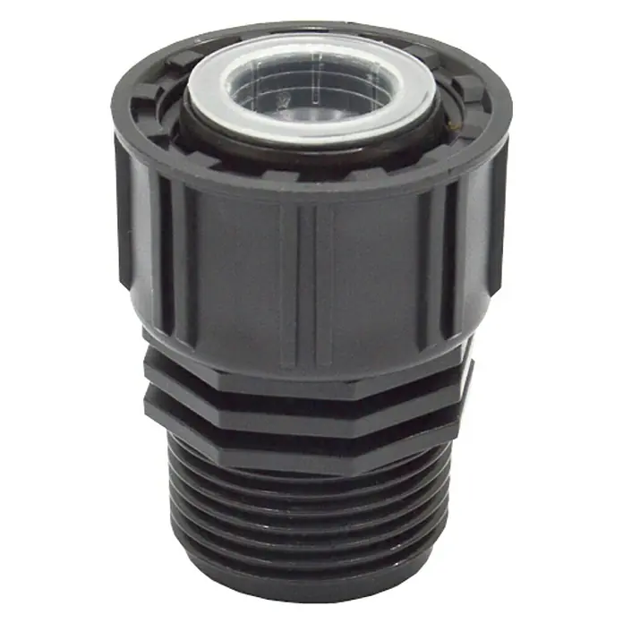 Conector Electroválvula - 1″ - Este es un adaptador de riego cilíndrico negro con un inserto transparente en la parte superior y un fondo roscado.
