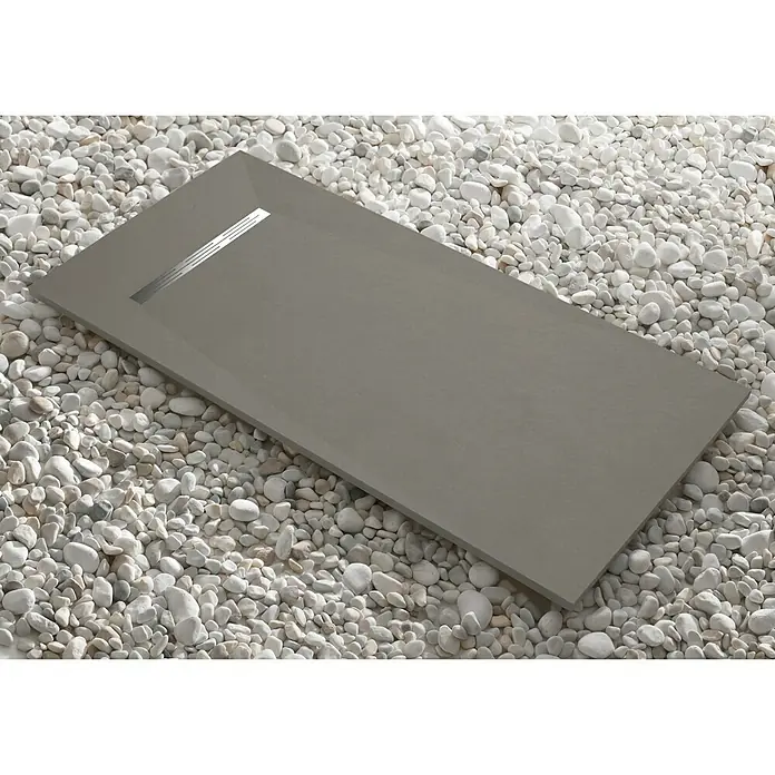 Camargue Plato de ducha Adriatic - L x An: 70 x 120 cm, Carga mineral, Gris - Plato de ducha gris con un diseño minimalista, enclavado en guijarros blancos, que presenta una solución de baño moderna y elegante.