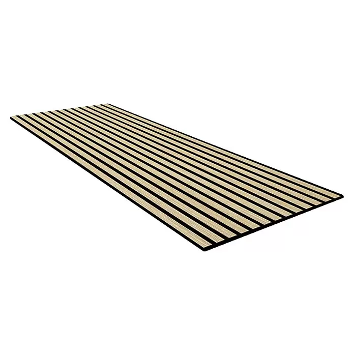 Jangal Akustikpaneel Modular Wall Furnier - Fanal Oak, 1.040 x 520 x 10 mm - Helles Holzlamellenpaneel mit dunklen Akzenten, ideal für Akustik- oder dekorative Wand-/Deckenverkleidungen, schräg dargestellt.