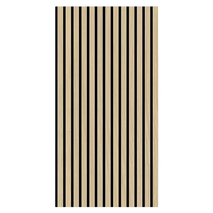 Jangal Akustikpaneel Modular Wall Furnier - Fanal Oak, 1.040 x 520 x 10 mm - Helle Holzlamellen-Wandplatte mit schwarzem Akustikfilz-Hintergrund.