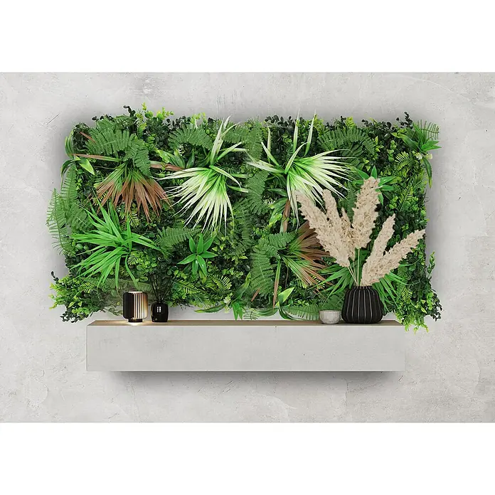 Jangal Wandpaneel Flora - Exotic Mixed Flora, 520 x 520 x 50 mm - Wandbild mit üppigem Grün und dekorativen Elementen auf einem weißen Regal, das eine beruhigende und natürliche Atmosphäre schafft.