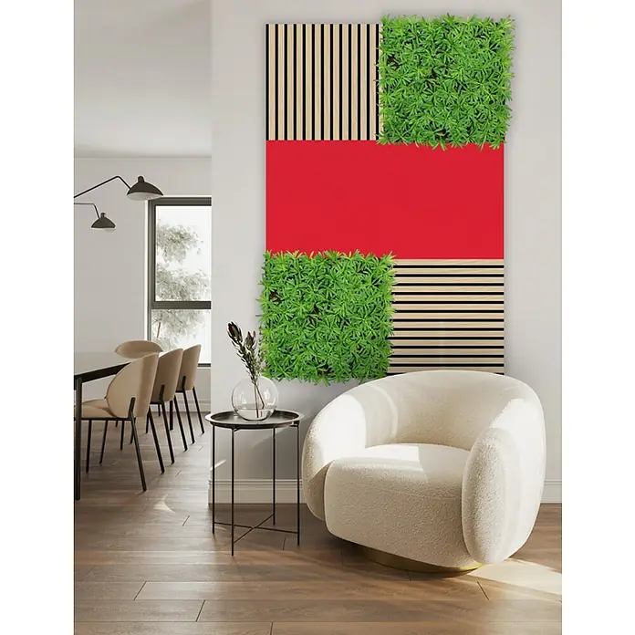 Jangal Wandpaneel Nature Design Flora - Podocarpus Tea Tree, 520 x 520 x 50 mm - Dekoratives Wandpaneel mit Holzelementen, Pflanzen und rotem Farbakzent, das jedem Raum eine moderne Note verleiht.