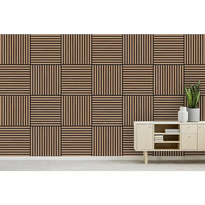 Jangal Akustikpaneel Modular Wall Furnier - Davert Oak, 520 x 520 x 10 mm - Quadratisches Akustikpaneel-Design aus Holzlatten, ideal für moderne Innenräume mit guter Schallabsorption und einzigartiger Optik.