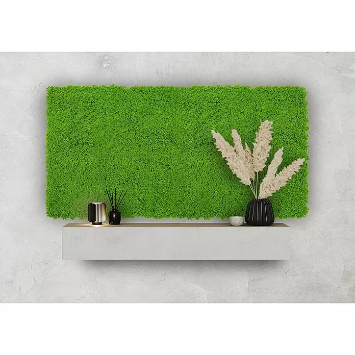 Jangal Wandpaneel Modular Wall Moos - Lime Green, 520 x 520 x 30 mm - Großes, rechteckiges Mooswandpaneel in Grün mit einem schwebenden Regal, auf dem Lampe, Diffusor und Pampasgras stehen.