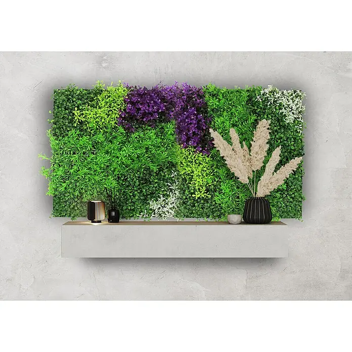 Jangal Wandpaneel Flora - Violet Mixed, 520 x 520 x 40 mm - Wandbild mit Kunstpflanzen und Dekoration. Ein dekoratives Element für Wohnräume, das Natur und Eleganz vereint.\n