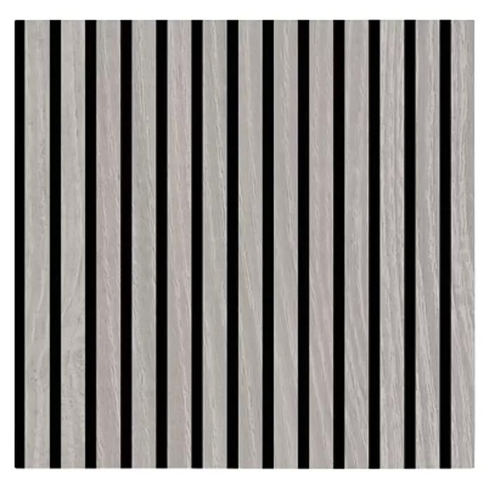 Jangal Akustikpaneel Modular Wall Furnier - Oulanka Oak, 520 x 520 x 10 mm - Vertikale Lamellenwandplatte aus hellem Holz mit schwarzen Fugen.