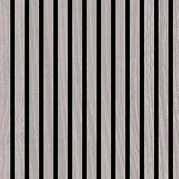Jangal Akustikpaneel Modular Wall Furnier - Oulanka Oak, 520 x 520 x 10 mm - Vertikale Lamellenwandplatte aus hellem Holz mit schwarzen Fugen.