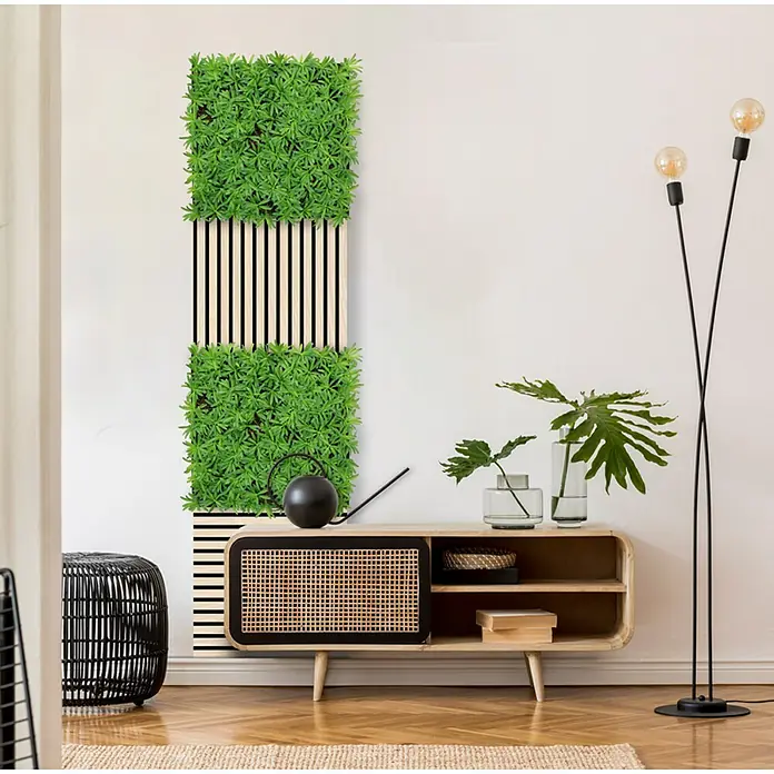 Jangal Wandpaneel Nature Design Flora - Podocarpus Tea Tree, 520 x 520 x 50 mm - Einrichtungsidee mit einem schicken Lowboard aus Holz, kombiniert mit dekorativer Pflanzenwand für einen frischen Look.