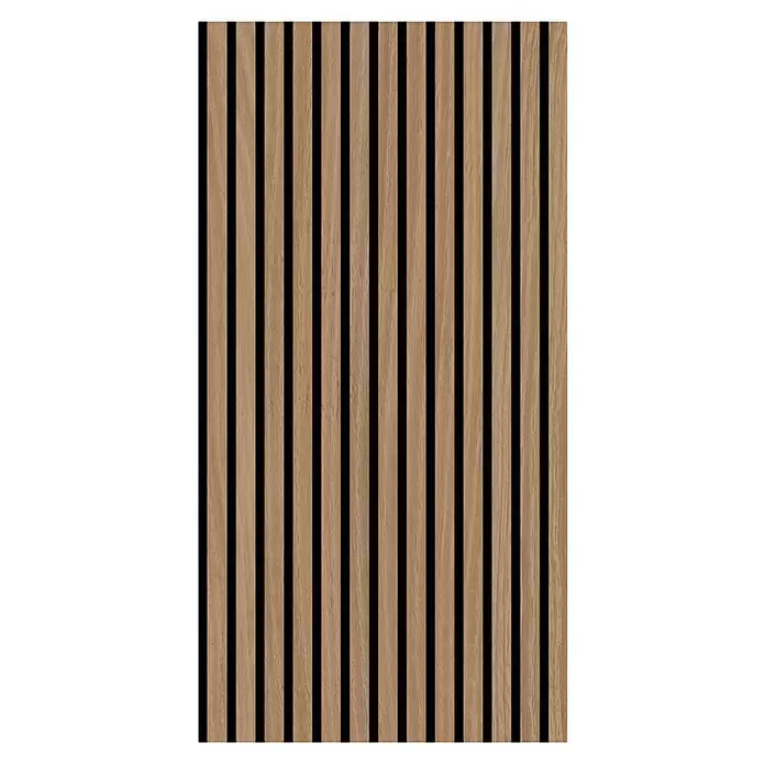 Jangal Akustikpaneel Modular Wall Furnier - Davert Oak, 1.040 x 520 x 10 mm - Vertikale helle Holzlatten mit schwarzen Zwischenräumen, bilden eine moderne Wandverkleidung.