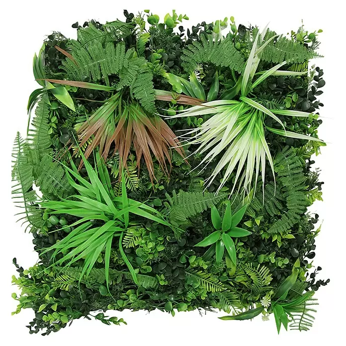 Jangal Wandpaneel Flora - Exotic Mixed Flora, 520 x 520 x 50 mm - Künstliche grüne Wandplatte mit verschiedenen Arten von üppigem grünem, panaschiertem und braun-grünem Kunstlaub.