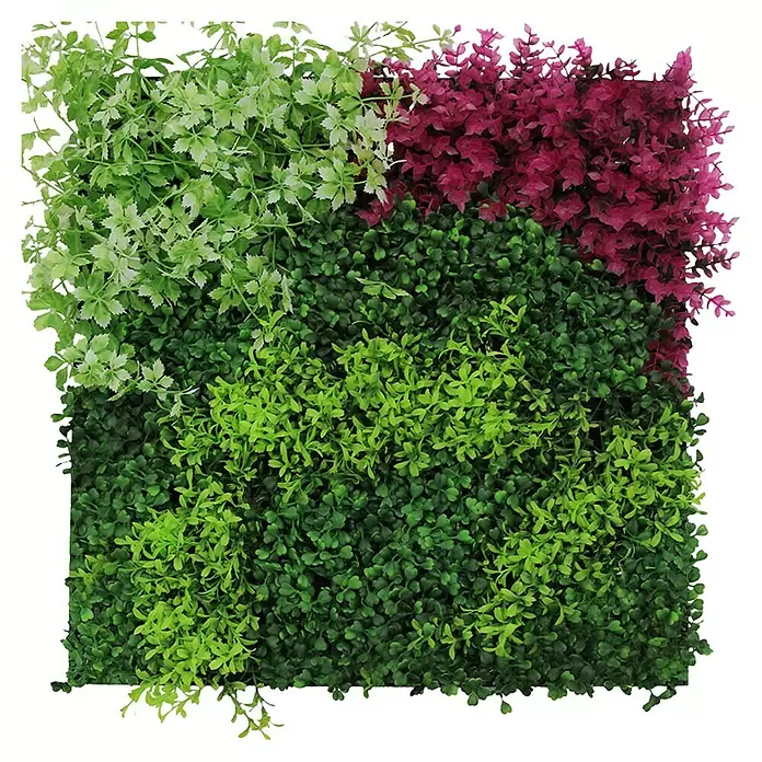 Jangal Wandpaneel Flora - Pink Mixed Flora, 520 x 520 x 40 mm - Künstliche Pflanzenplatte mit gemischtem grünem Laub und violetten Akzenten.