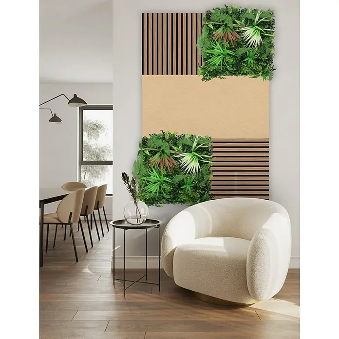 Jangal Akustikpaneel Modular Wall Furnier - Davert Oak, 520 x 520 x 10 mm - Dekorative Wandpaneele mit Pflanzenakzenten für ein modernes Wohnambiente. Die Kombination aus Holz und Grün bringt Natur ins Haus.
