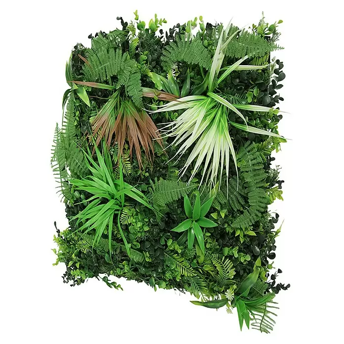 Jangal Wandpaneel Flora - Exotic Mixed Flora, 520 x 520 x 50 mm - Quadratische künstliche Grünwandplatte mit verschiedenen Arten von grünen und einigen braun/weißen Kunstpflanzen.