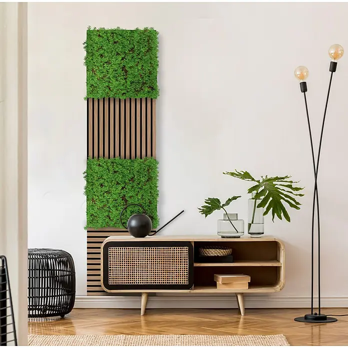 Jangal Wandpaneel Nature Design Flora - Thuja Tea Tree, 520 x 520 x 60 mm - Ein modernes Interieur mit einer Akzentwand aus Moos und Holz, die eine natürliche und stilvolle Note in den Raum bringt.