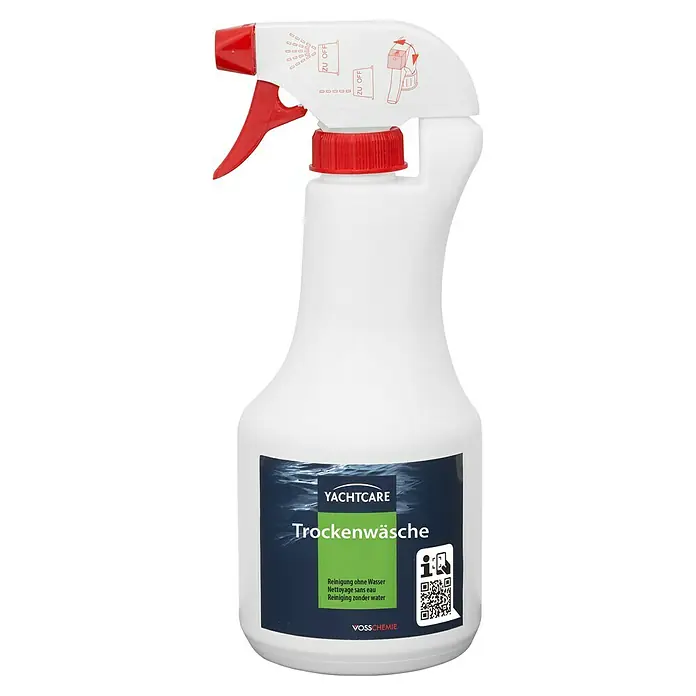Yachtcare Bootsreiniger - 500 ml - Eine Sprühflasche Yachtcare Trockenwäsche, ideal für die Reinigung ohne Wasser, mit rotem Sprühkopf und blauem Etikett.