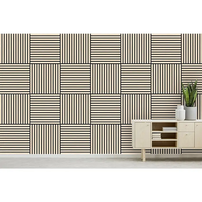 Jangal Akustikpaneel Modular Wall Furnier - Letea Oak, 520 x 520 x 10 mm - Dekorativer Hintergrund mit einem geometrischen Muster aus horizontalen und vertikalen schwarzen Linien auf beigem Grund, ideal für moderne Innenräume.