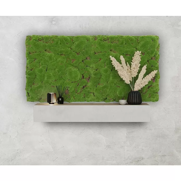 Jangal Wandpaneel Modular Wall Moos - Forest Green Bulk, 520 x 520 x 30 mm - Rechteckige grüne Mooswandkunst über einem Regal mit Lampe und Ziergefäß.