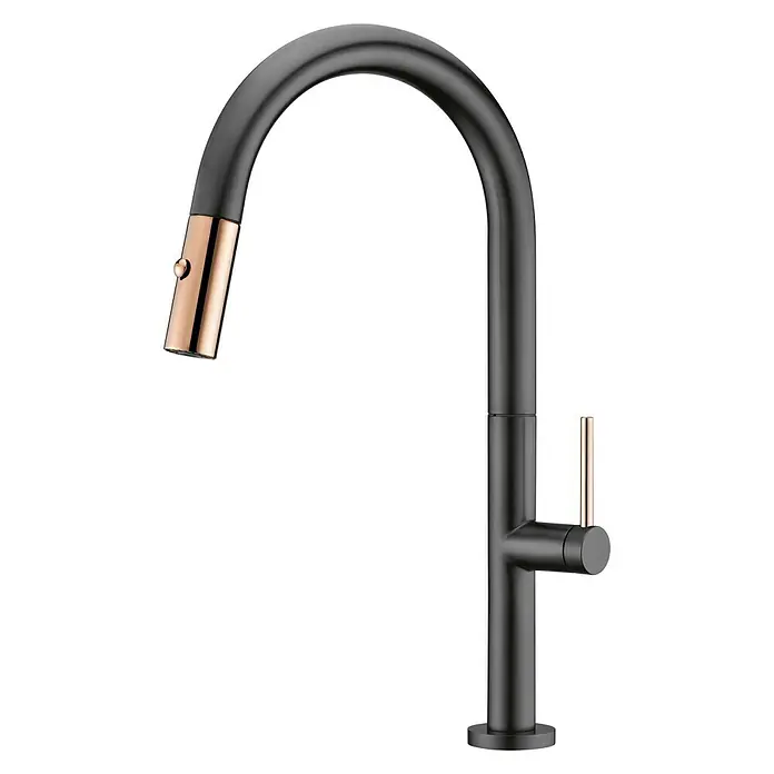 Imex Grifo de cocina extraíble Samoa - Negro/Oro rosa - Grifo de cocina negro y dorado con caño giratorio para cocinas modernas. Elegante grifo para fregaderos, elegante y funcional.