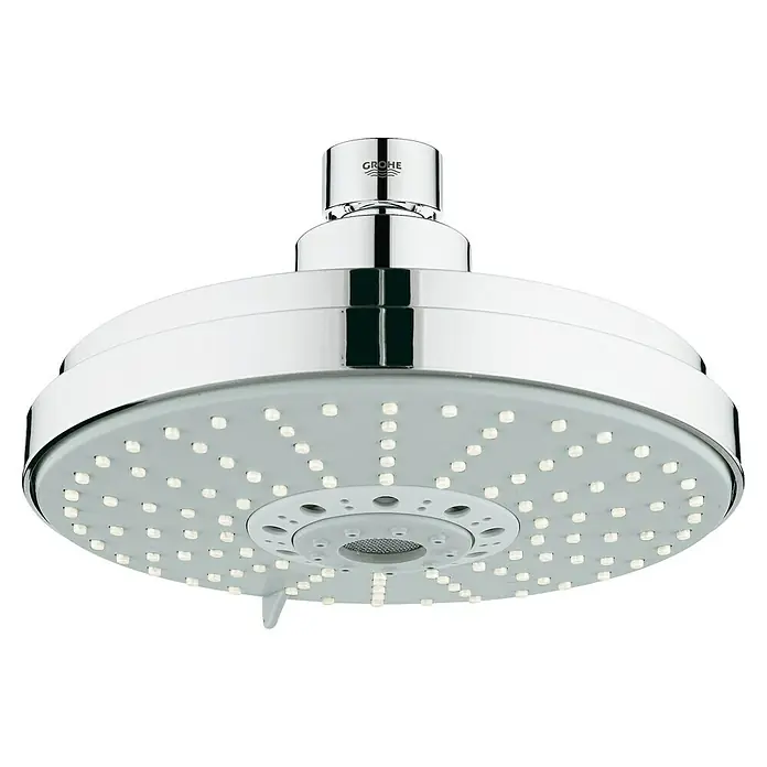 Grohe Kopfbrause Rainshower Cosmopolitan 160 - Durchmesser: 16 cm, Anzahl Funktionen: 4 Stk., Chrom - Nahaufnahme eines Grohe Duschkopfs mit Chromoberfläche und vielen kleinen Düsen.