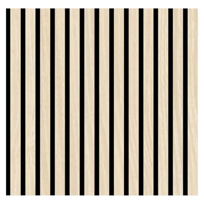 Jangal Akustikpaneel Modular Wall Furnier - Letea Oak, 520 x 520 x 10 mm - Vertikale Lamellenwand aus hellem Holz mit schwarzen Linien.
