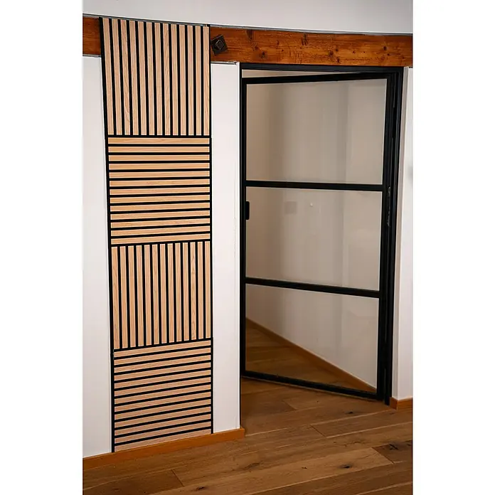 Jangal Akustikpaneel Modular Wall Furnier - Fanal Oak, 520 x 520 x 10 mm - Die akustische Holzpaneelwand mit ihren vertikalen und horizontalen Lamellen dient auch als Schiebetür und ist ein echter Hingucker.