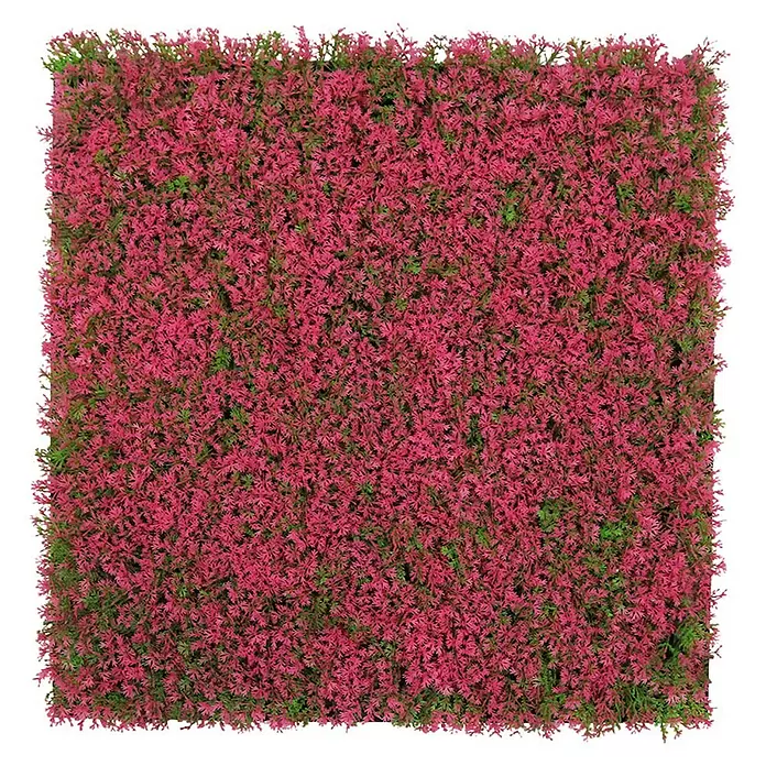 Jangal Wandpaneel Flora - Pink Design Grass, 520 x 520 x 28 mm - Dichtes quadratisches Kunstlaubpanel mit rosa und grünen Blättern.