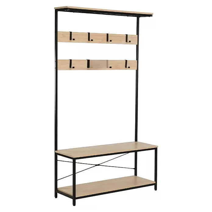 Perchero - L x An x Al: 35 x 100 x 180 cm, Negro/Haya - Perchero de metal negro y madera clara con ganchos, banco y estante para zapatos.