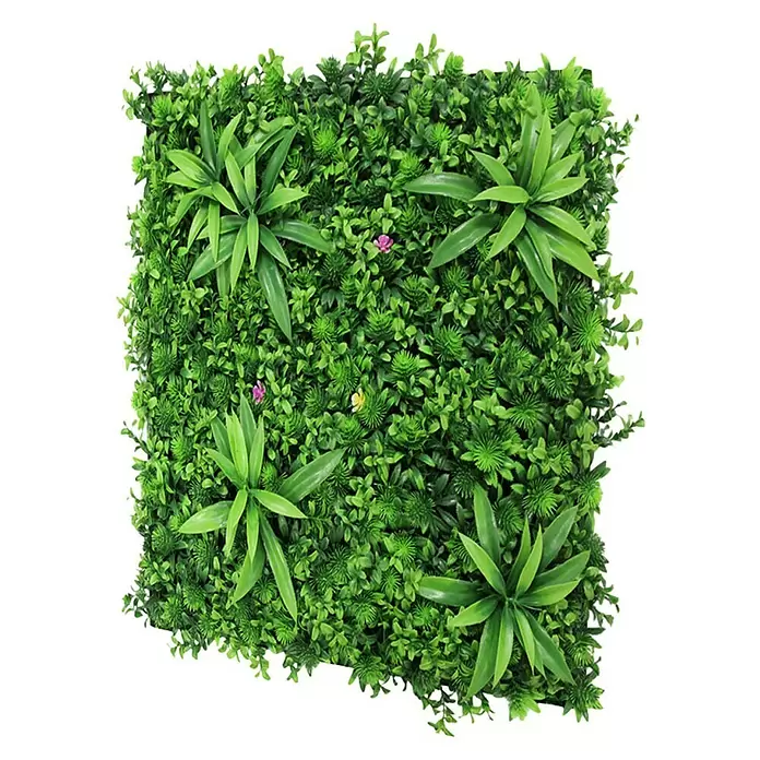 Jangal Wandpaneel Flora - Tropical Mixed, 520 x 520 x 40 mm - Grüne Kunstpflanzenwandplatte mit vielfältigem Laub und kleinen lila und gelben Zierakzenten.