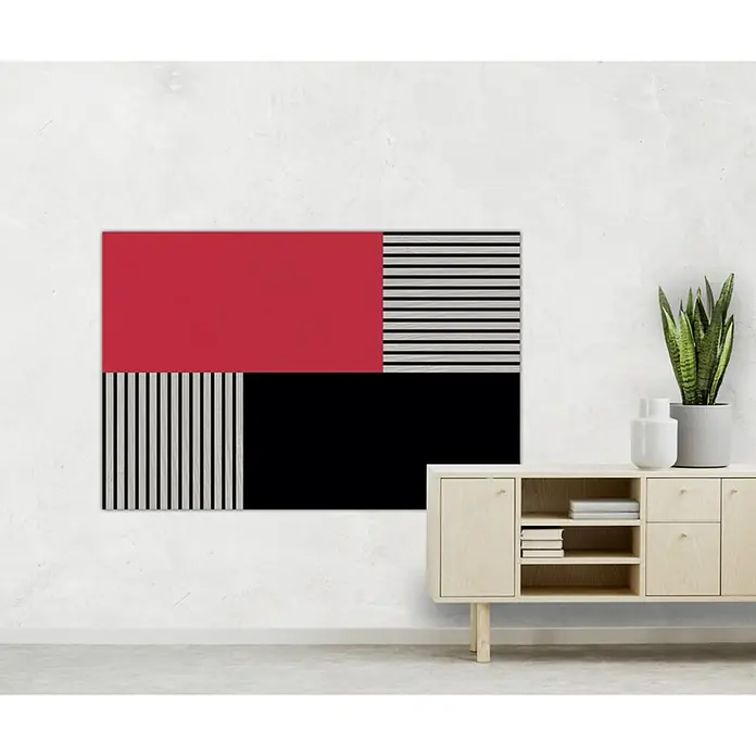 Jangal Wandpaneel Modular Wall PET Filz - Red, 1.040 x 520 x 6 mm - Abstrakte Wandkunst mit roten, schwarzen und gestreiften Blöcken über einem modernen Sideboard, das die minimalistische Ästhetik des Kunstwerks ergänzt.