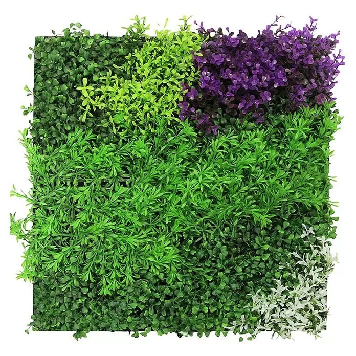 Jangal Wandpaneel Flora - Violet Mixed, 520 x 520 x 40 mm - Künstliche Heckenplatte mit verschiedenem grünen, violetten und weißen Blattwerk zur Wandverkleidung.