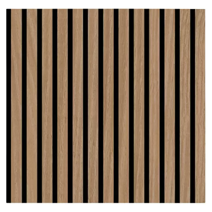 Jangal Akustikpaneel Modular Wall Furnier - Davert Oak, 520 x 520 x 10 mm - Akustikplatte aus hellem Holz mit vertikalen Latten und schwarzem schallabsorbierendem Filz.