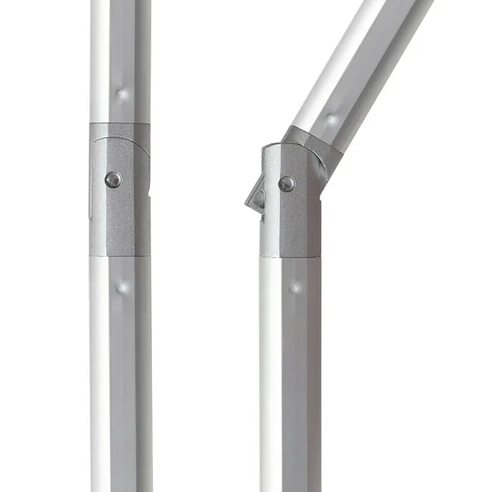 Doppler Expert Marktschirm Auto Tilt - Hellgrau, Bespannungsmaß (L x B): 300 x 200 cm - Detailansicht der silbernen Metallverbindungsstücke eines Sonnenschirms, die Stabilität und Flexibilität für den Außenbereich bieten.