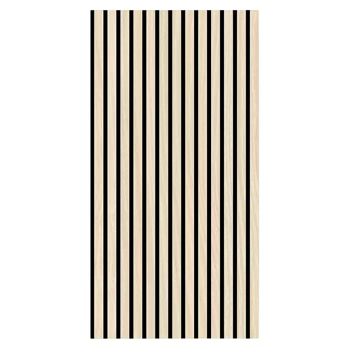 Jangal Akustikpaneel Modular Wall Furnier - Letea Oak, 1.040 x 520 x 10 mm - Vertikale Akustiklamellenwand aus hellem Holz mit schwarzen Zwischenräumen.