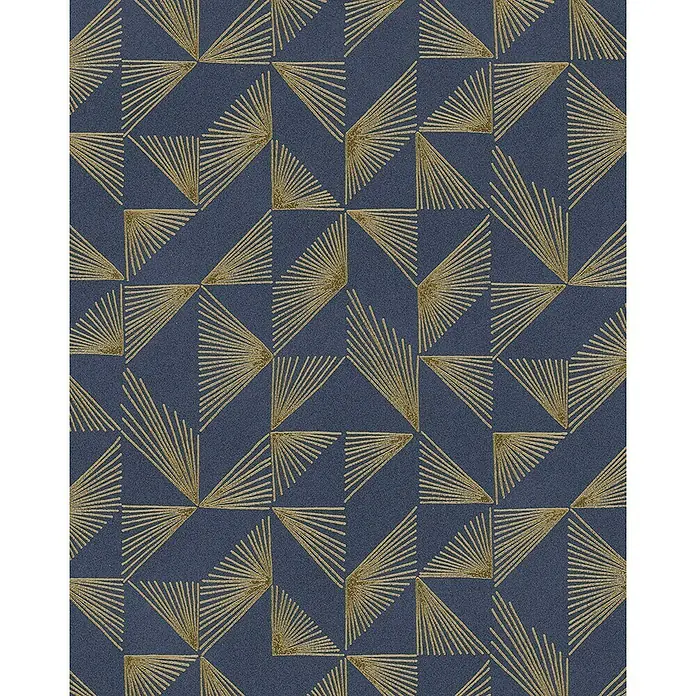 SCHÖNER WOHNEN-Kollektion Vliestapete - Blau/Gold, Grafisch, 10,05 x 0,53 m - Elegantes Tapetenmuster mit goldenen, fächerartigen Motiven auf tiefblauem Grund. Ideal für stilvolle Akzente in jedem Raum.